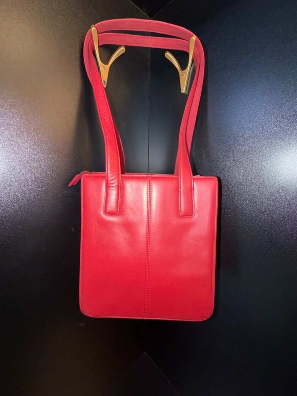 Jones New York Red Leather Zip Top Shoulder Tote Purse Classic Minimalist Bag - Picture 5 of 7